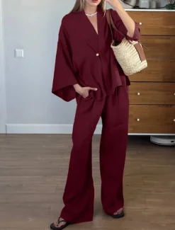 Online Women's 100% Cooton Elegant Vacation Vintage Pants Sets Long Sleeve Bell Sleeve V Neck Plain Vacation Casual Holiday Summer Loose Fit Women Sets