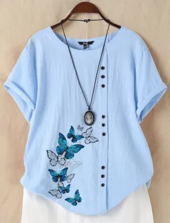Online Women's 100% Cotton Shirt Button Print Daily Linen Like Elegant Short Sleeve Crew Neck White Summer Women Shirts