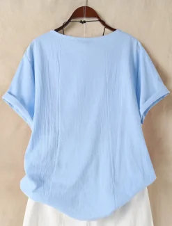 Online Women's 100% Cotton Shirt Button Print Daily Linen Like Elegant Short Sleeve Crew Neck White Summer Women Shirts