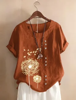 Best Women's 100% Cotton Blouse Floral Graphic Stylish Cotton Linen Casual Short Sleeve Crew Neck Regular Tops Daily Going out Buttons Print Women Shirts