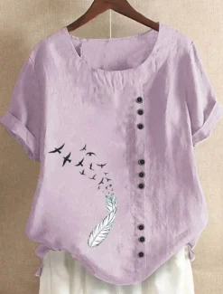 Outlet Women's 100% Cotton Blouse Graphic Animal Vintage Casual Short Sleeve Crew Neck Regular Tops Daily Going out Buttons Print White Light Green Pink Blue Purple Summer Spring Women Shirts