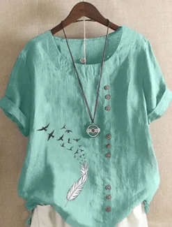 Outlet Women's 100% Cotton Blouse Graphic Animal Vintage Casual Short Sleeve Crew Neck Regular Tops Daily Going out Buttons Print White Light Green Pink Blue Purple Summer Spring Women Shirts