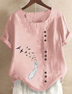 Outlet Women's 100% Cotton Blouse Graphic Animal Vintage Casual Short Sleeve Crew Neck Regular Tops Daily Going out Buttons Print White Light Green Pink Blue Purple Summer Spring Women Shirts
