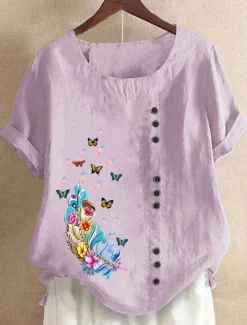 Outlet Women's 100% Cotton Blouse Graphic Butterfly Vintage Casual Short Sleeve Crew Neck Regular Tops Daily Going out Buttons Print Maroon White Pink Purple Summer Spring Women Shirts