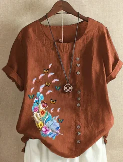 Outlet Women's 100% Cotton Blouse Graphic Butterfly Vintage Casual Short Sleeve Crew Neck Regular Tops Daily Going out Buttons Print Maroon White Pink Purple Summer Spring Women Shirts