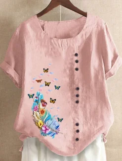 Outlet Women's 100% Cotton Blouse Graphic Butterfly Vintage Casual Short Sleeve Crew Neck Regular Tops Daily Going out Buttons Print Maroon White Pink Purple Summer Spring Women Shirts