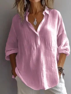 Outlet Women's 100% Cotton Blouse Solid Color Basic Casual Long Sleeve Shirt Collar Regular Tops Daily Buttons White Pink Purple Green Summer Women Shirts