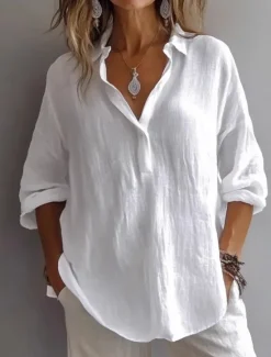 Outlet Women's 100% Cotton Blouse Solid Color Basic Casual Long Sleeve Shirt Collar Regular Tops Daily Buttons White Pink Purple Green Summer Women Shirts