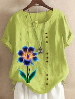 Women's 100% Cotton Blouse Vintage Casual Crew Neck Daily Going out Buttons Print Maroon Grass Green White Purple Women Shirts