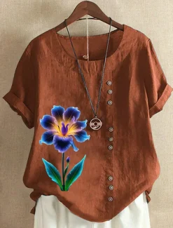 Women's 100% Cotton Blouse Vintage Casual Crew Neck Daily Going out Buttons Print Maroon Grass Green White Purple Women Shirts