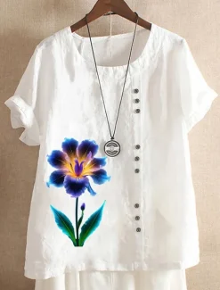 Women's 100% Cotton Blouse Vintage Casual Crew Neck Daily Going out Buttons Print Maroon Grass Green White Purple Women Shirts