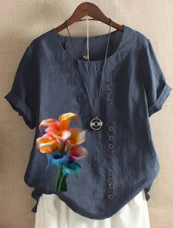 Online Women's 100% Cotton Blouse Vintage Casual Crew Neck Daily Going out Buttons Print Maroon Grass Green Navy Blue Blue Purple Women Shirts