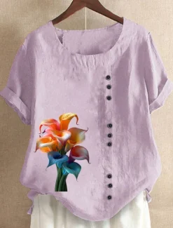 Online Women's 100% Cotton Blouse Vintage Casual Crew Neck Daily Going out Buttons Print Maroon Grass Green Navy Blue Blue Purple Women Shirts