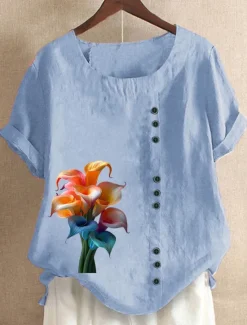 Online Women's 100% Cotton Blouse Vintage Casual Crew Neck Daily Going out Buttons Print Maroon Grass Green Navy Blue Blue Purple Women Shirts