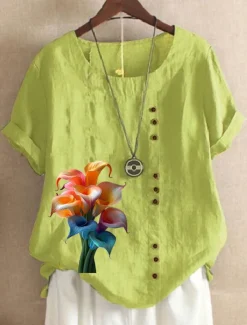 Online Women's 100% Cotton Blouse Vintage Casual Crew Neck Daily Going out Buttons Print Maroon Grass Green Navy Blue Blue Purple Women Shirts