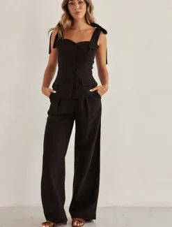 Sale Women's 100% Cotton Elegant Fashion Daily Pants Sets Sleeveless Strap Solid Color Lace up Bow Casual Daily Summer Loose Fit Women Sets