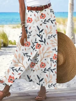 Hot Women's Cotton Linen Skirts Fashion Casual Maxi High Waist Skirts Floral Print Split Ends Casual Daily Light Pink Yellow Pink Blue Summer Women Dresses