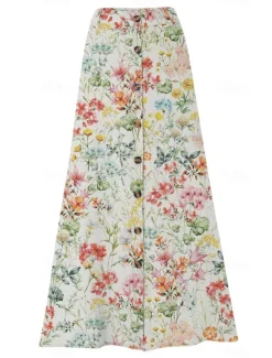 Hot Women's Cotton Linen Skirts Fashion Casual Maxi High Waist Skirts Floral Print Split Ends Casual Daily Light Pink Yellow Pink Blue Summer Women Dresses