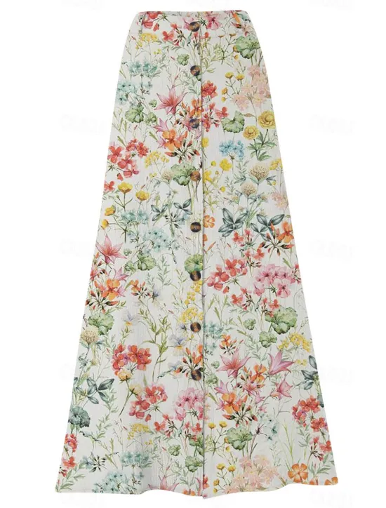 Hot Women's Cotton Linen Skirts Fashion Casual Maxi High Waist Skirts Floral Print Split Ends Casual Daily Light Pink Yellow Pink Blue Summer Women Dresses