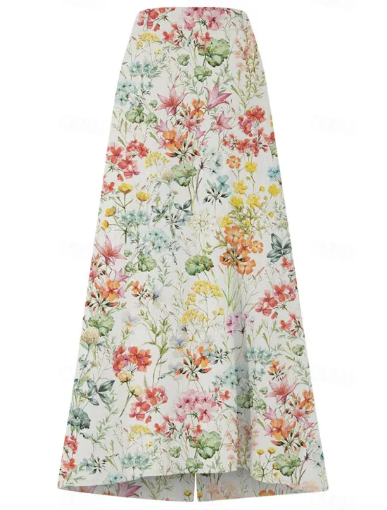 Hot Women's Cotton Linen Skirts Fashion Casual Maxi High Waist Skirts Floral Print Split Ends Casual Daily Light Pink Yellow Pink Blue Summer Women Dresses