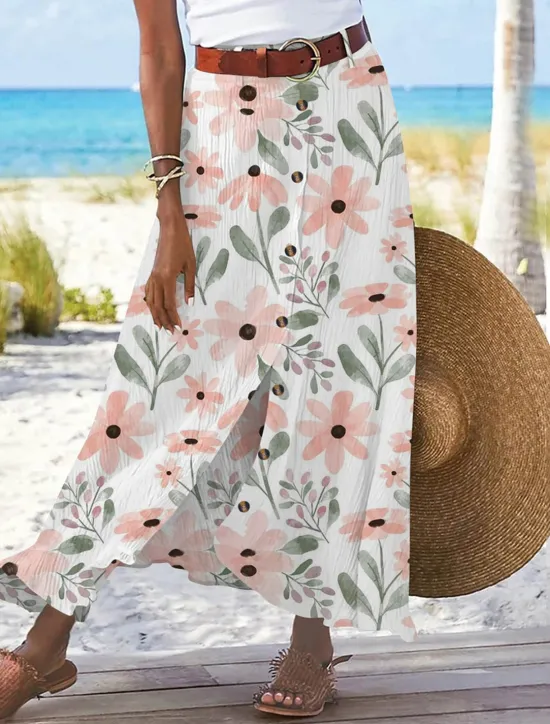 Hot Women's Cotton Linen Skirts Fashion Casual Maxi High Waist Skirts Floral Print Split Ends Casual Daily Light Pink Yellow Pink Blue Summer Women Dresses