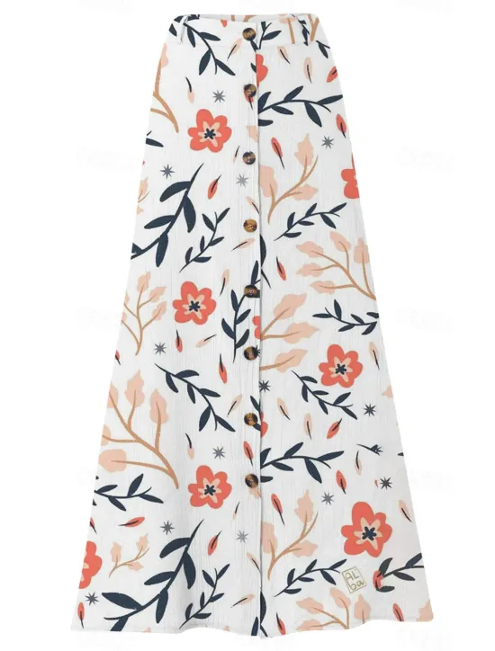 Hot Women's Cotton Linen Skirts Fashion Casual Maxi High Waist Skirts Floral Print Split Ends Casual Daily Light Pink Yellow Pink Blue Summer Women Dresses