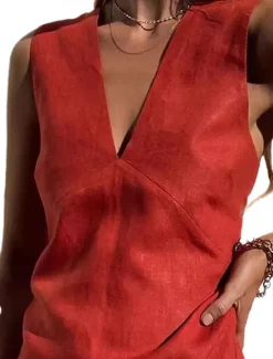 Clearance Women's 100% Cotton Mini Dress Shift Dress Casual Party Daily Holiday Regular Fit Plain Sleeveless V Neck Hemp Black White Red Summer Women Dresses|Casual Dress