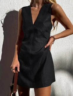 Clearance Women's 100% Cotton Mini Dress Shift Dress Casual Party Daily Holiday Regular Fit Plain Sleeveless V Neck Hemp Black White Red Summer Women Dresses|Casual Dress