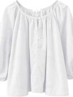 Women's 100% Cotton Shirt Blouse Plain Elegant Vintage Daily Half Sleeve Lantern Sleeve Crew Neck V Neck Regular Tops Daily Holiday Going out Ruched White Apricot Summer Spring Fall Women Shirts