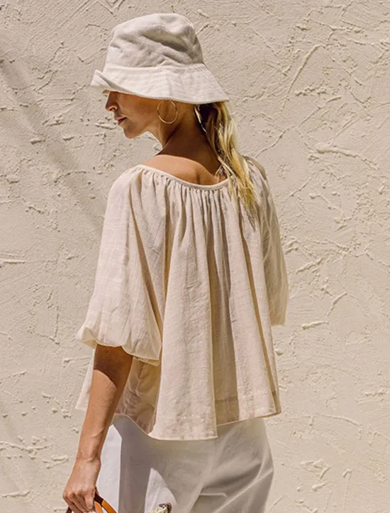 Women's 100% Cotton Shirt Blouse Plain Elegant Vintage Daily Half Sleeve Lantern Sleeve Crew Neck V Neck Regular Tops Daily Holiday Going out Ruched White Apricot Summer Spring Fall Women Shirts