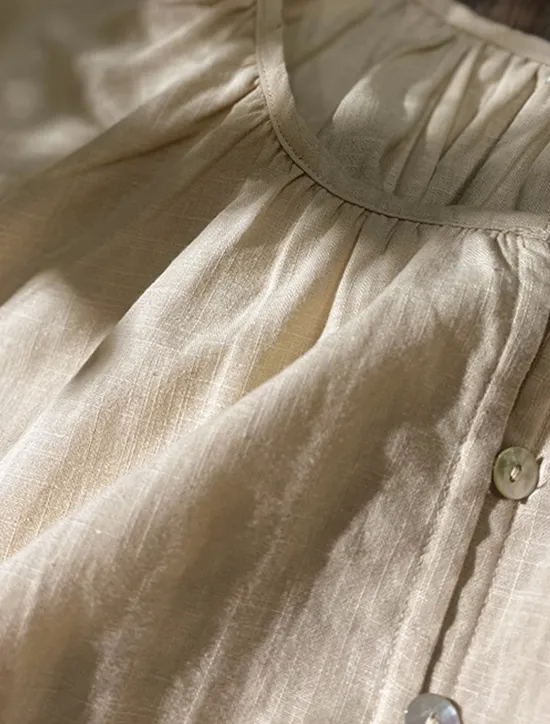 Women's 100% Cotton Shirt Blouse Plain Elegant Vintage Daily Half Sleeve Lantern Sleeve Crew Neck V Neck Regular Tops Daily Holiday Going out Ruched White Apricot Summer Spring Fall Women Shirts