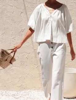 Women's 100% Cotton Shirt Blouse Plain Elegant Vintage Daily Half Sleeve Lantern Sleeve Crew Neck V Neck Regular Tops Daily Holiday Going out Ruched White Apricot Summer Spring Fall Women Shirts