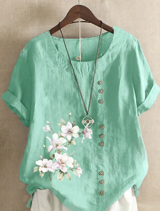 Sale Women's 100% Cotton Shirt Floral Streetwear Short Sleeve Crewneck Regular Tops Linen Vacation Daily Going out Buttons Print Navy Blue Blue Army Green Light Blue Coffee Summer Spring Women Shirts