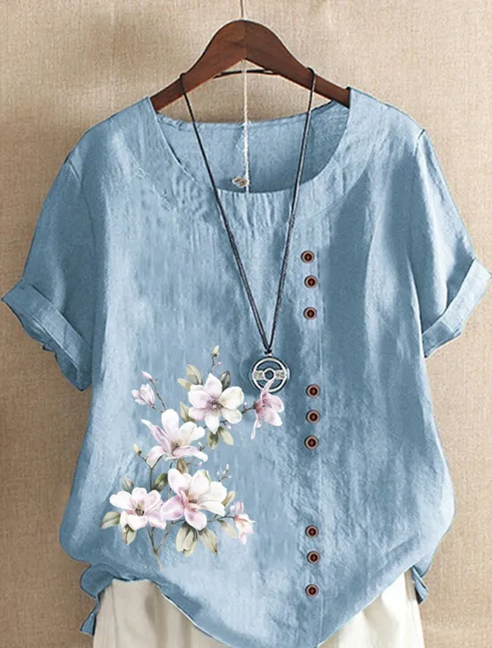 Sale Women's 100% Cotton Shirt Floral Streetwear Short Sleeve Crewneck Regular Tops Linen Vacation Daily Going out Buttons Print Navy Blue Blue Army Green Light Blue Coffee Summer Spring Women Shirts