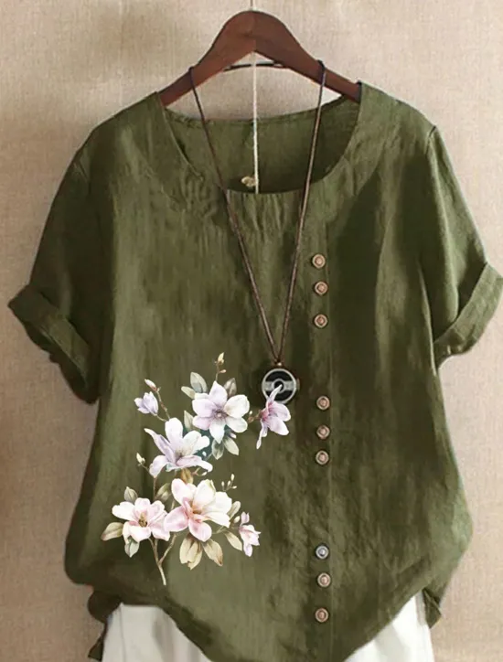 Sale Women's 100% Cotton Shirt Floral Streetwear Short Sleeve Crewneck Regular Tops Linen Vacation Daily Going out Buttons Print Navy Blue Blue Army Green Light Blue Coffee Summer Spring Women Shirts