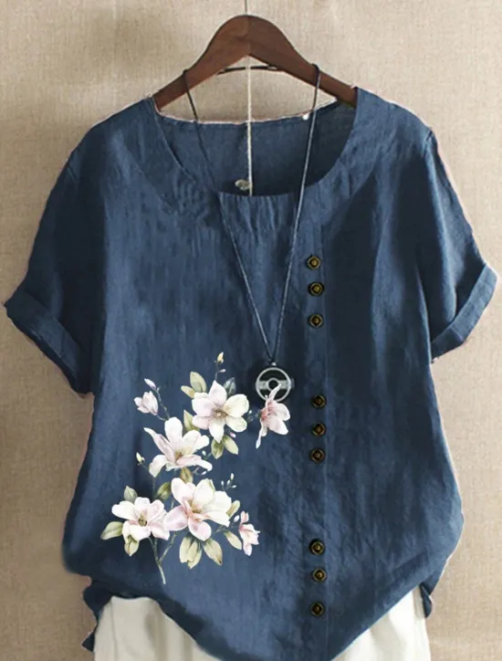Sale Women's 100% Cotton Shirt Floral Streetwear Short Sleeve Crewneck Regular Tops Linen Vacation Daily Going out Buttons Print Navy Blue Blue Army Green Light Blue Coffee Summer Spring Women Shirts