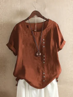 Discount Women's 100% Cotton Shirt Patchwork Casual Daily Weekend Solid Casual Linen Like Short Sleeve Crew Neck Round Neck White Summer Spring Women Shirts