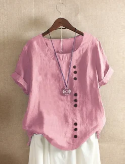 Discount Women's 100% Cotton Shirt Patchwork Casual Daily Weekend Solid Casual Linen Like Short Sleeve Crew Neck Round Neck White Summer Spring Women Shirts