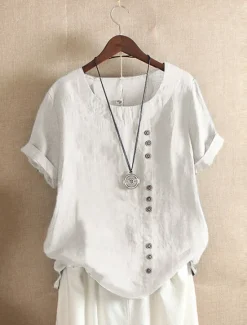 Discount Women's 100% Cotton Shirt Patchwork Casual Daily Weekend Solid Casual Linen Like Short Sleeve Crew Neck Round Neck White Summer Spring Women Shirts