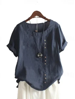 Discount Women's 100% Cotton Shirt Patchwork Casual Daily Weekend Solid Casual Linen Like Short Sleeve Crew Neck Round Neck White Summer Spring Women Shirts