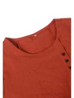 Discount Women's 100% Cotton Shirt Patchwork Casual Daily Weekend Solid Casual Linen Like Short Sleeve Crew Neck Round Neck White Summer Spring Women Shirts