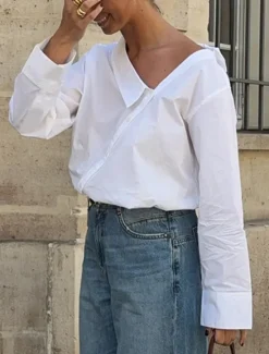 Best Women's 100% Cotton Shirt Plain Elegant Vintage Daily Long Sleeve Asymmetrical Regular Tops Work Daily Holiday Asymmetric Spring Fall Women Blouses & Shirts