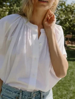 Sale Women's 100% Cotton Shirt Plain Elegant Vintage Cute Short Sleeve Batwing Sleeve Crew Neck Regular Tops Work Daily Holiday Ruched White Pink Summer Spring Women Shirts