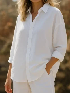 Clearance Women's 100% Cotton Shirt Solid Color Plain Elegant Vintage Daily Long Sleeve Shirt Collar Regular Tops Daily Holiday Vacation Wear White Blue Green Spring, Fall, Winter, Summer Women Shirts