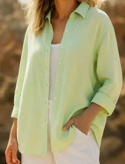 Clearance Women's 100% Cotton Shirt Solid Color Plain Elegant Vintage Daily Long Sleeve Shirt Collar Regular Tops Daily Holiday Vacation Wear White Blue Green Spring, Fall, Winter, Summer Women Shirts