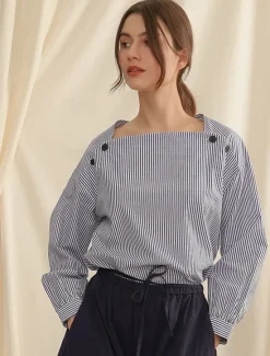 Hot Women's 100% Cotton Shirt Striped Elegant Vintage Daily Long Sleeve Bishop Sleeve Square Neck Regular Tops Work Daily Holiday Buttons Asymmetric Summer Spring Fall Women Tank Tops & Camis