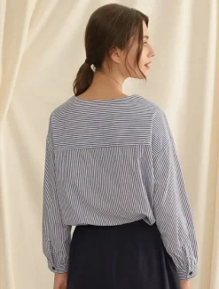 Hot Women's 100% Cotton Shirt Striped Elegant Vintage Daily Long Sleeve Bishop Sleeve Square Neck Regular Tops Work Daily Holiday Buttons Asymmetric Summer Spring Fall Women Tank Tops & Camis