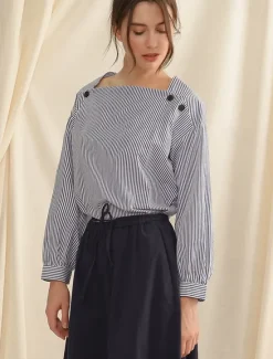 Hot Women's 100% Cotton Shirt Striped Elegant Vintage Daily Long Sleeve Bishop Sleeve Square Neck Regular Tops Work Daily Holiday Buttons Asymmetric Summer Spring Fall Women Tank Tops & Camis