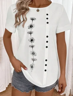 New Women's 100% Cotton Shirt Tunic Short Sleeve Crew Neck Summer Linen Like Women Shirts