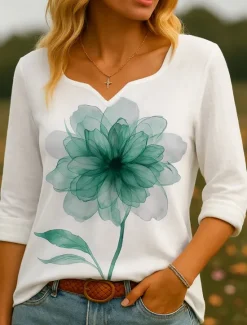 Sale Women's 100% Cotton Shirts Floral Graphic Vintage Tropical Stylish 3/4 Length Sleeve Crew Neck Asymmetrical Square Neck Regular Tops Daily Holiday Red Blue Purple Green Summer Spring Women Shirts